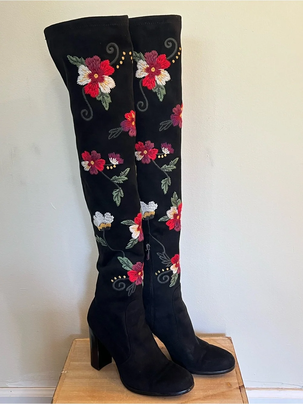 Sam Edelman Over Knee Boots Black Suede Embroidered Floral Thigh High Size 8